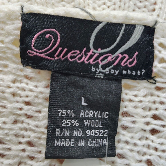 1990s Knit Wool Cardigan Cream Long Boho Open Front Short Sleeve Sweater Size L - Picture 10 of 10